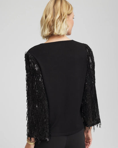 Chico's Fringe Sequins Pullover Sweater Black