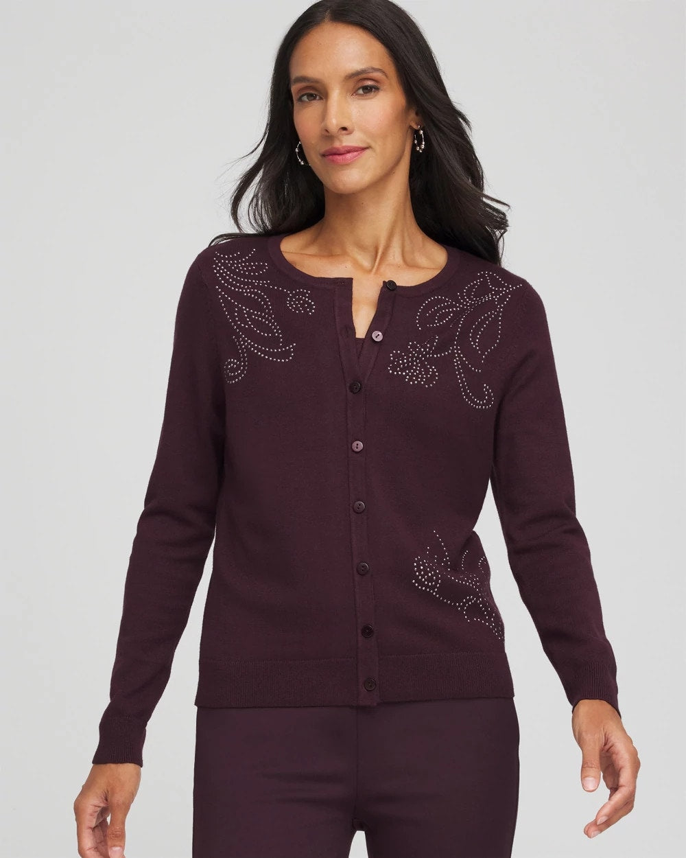 Chico's Embellished Crewneck Cardigan Night Bloom