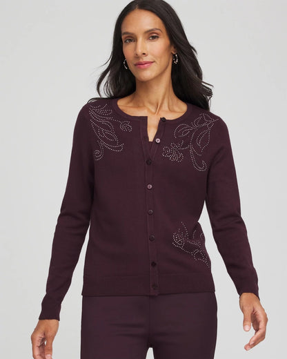 Chico's Embellished Crewneck Cardigan Night Bloom