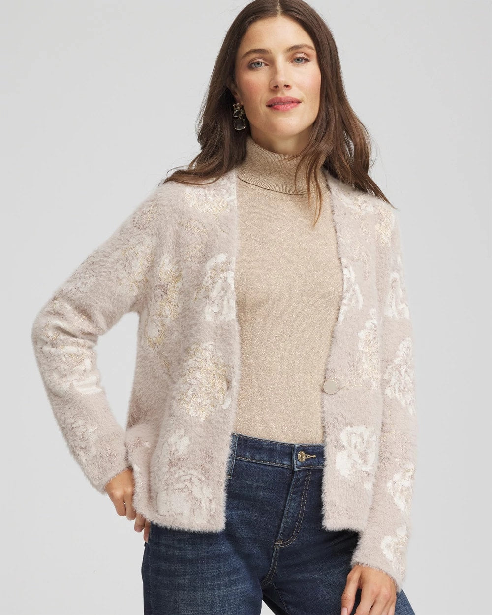 Chico's Fuzzy Jacquard Boyfriend Cardigan English Cream