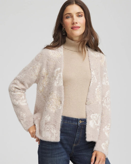 Chico's Fuzzy Jacquard Boyfriend Cardigan English Cream