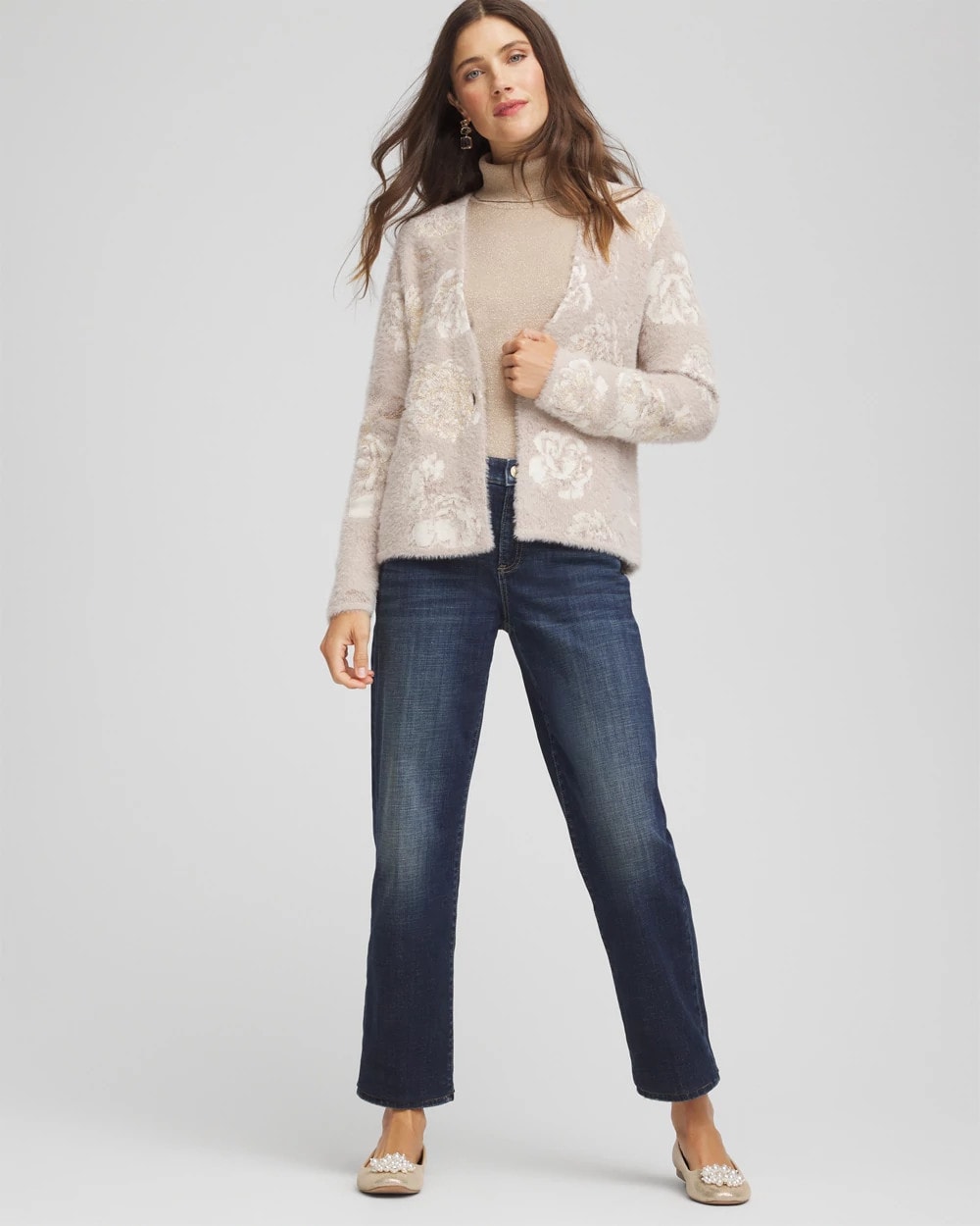 Chico's Fuzzy Jacquard Boyfriend Cardigan English Cream