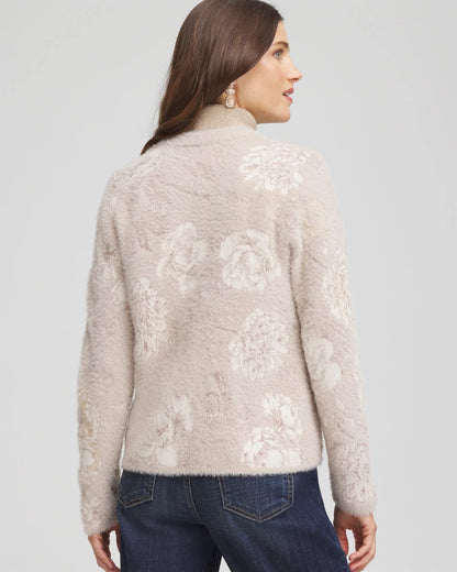 Chico's Fuzzy Jacquard Boyfriend Cardigan English Cream
