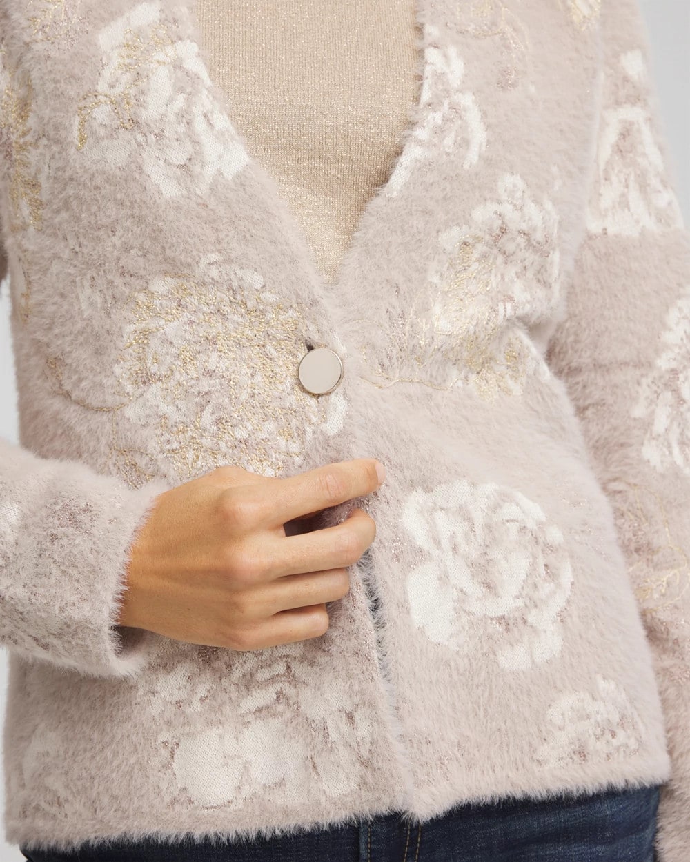 Chico's Fuzzy Jacquard Boyfriend Cardigan English Cream