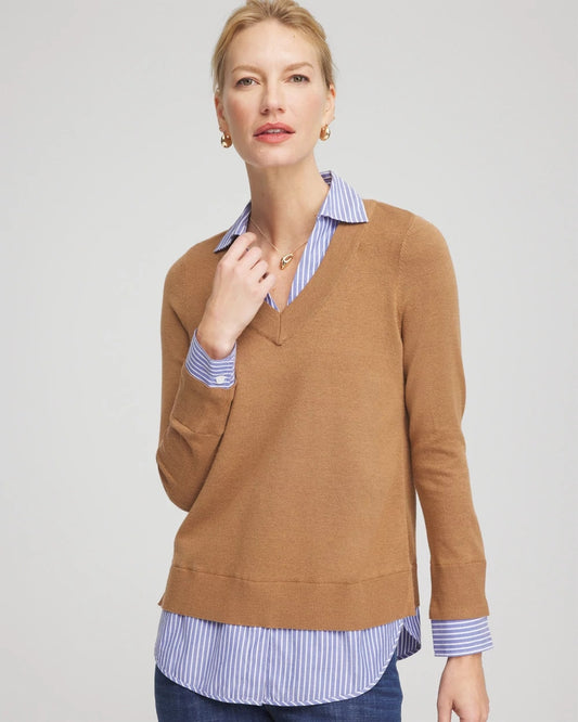 Chico's Camel Built-In Shirt Knit Sweater Caramel Apple Heather
