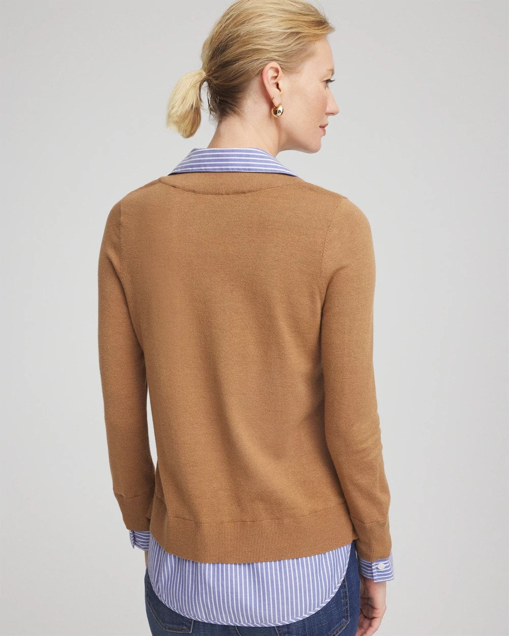 Chico's Camel Built-In Shirt Knit Sweater Caramel Apple Heather