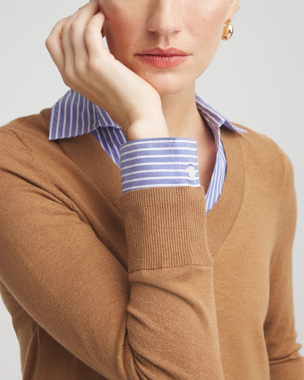 Chico's Camel Built-In Shirt Knit Sweater Caramel Apple Heather