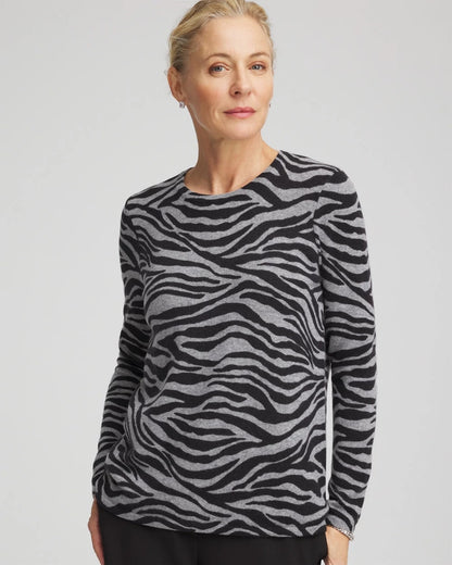 Chico's Cashmere Zebra Long-Sleeve Pullover Sweater Black