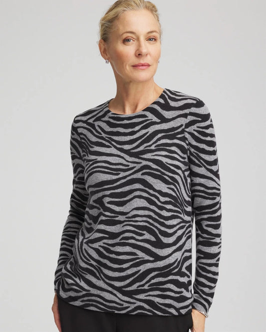 Chico's Cashmere Zebra Long-Sleeve Pullover Sweater Black