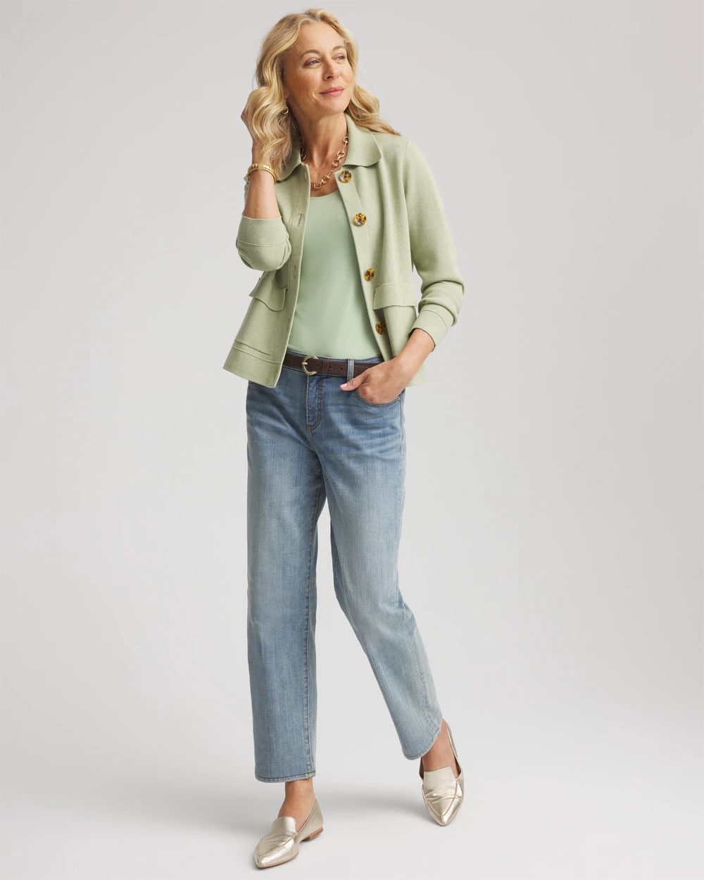 Chico's Button-Front Cardigan Jacket Sage Meadow