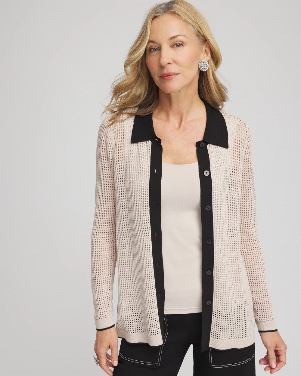Chico's Pointelle Polo Cardigan Smokey Taupe