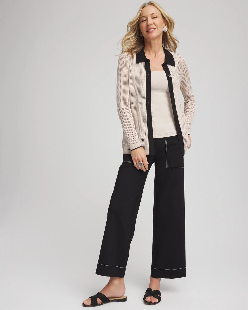 Chico's Pointelle Polo Cardigan Smokey Taupe