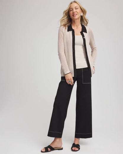Chico's Pointelle Polo Cardigan Smokey Taupe