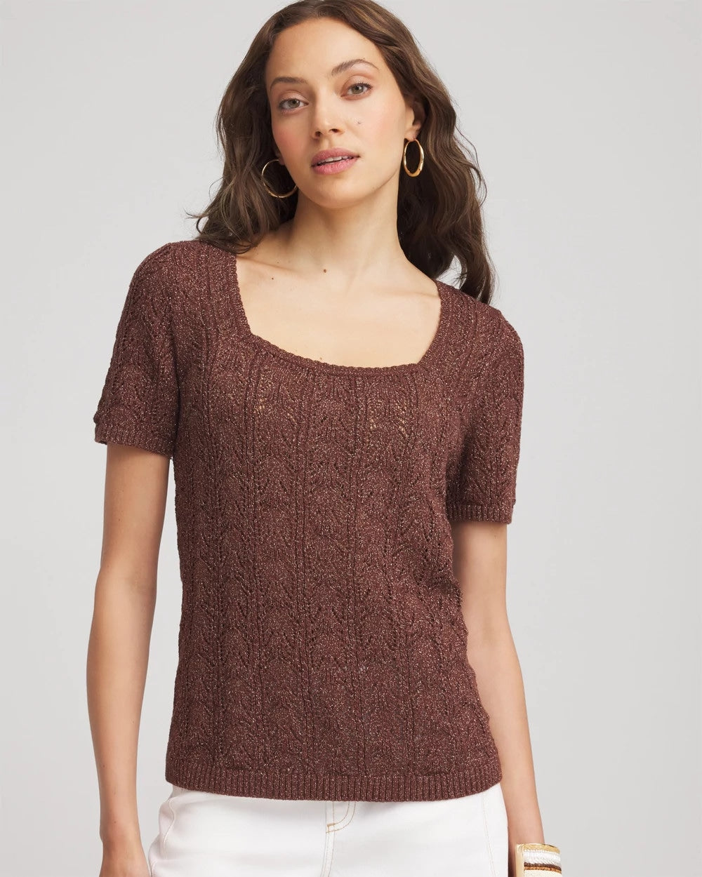 Chico's Pointelle Square-Neck Pullover Sweater Cacao