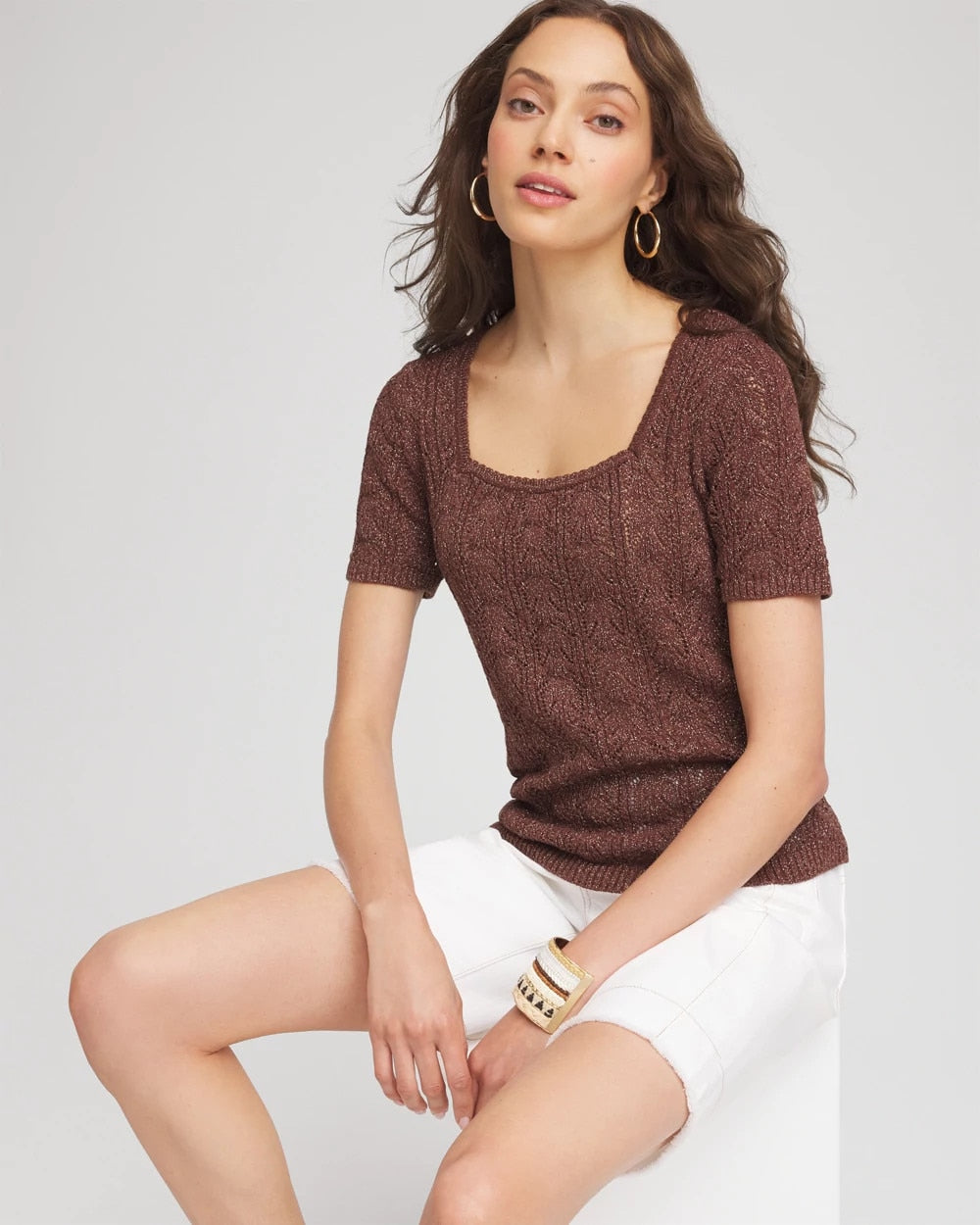 Chico's Pointelle Square-Neck Pullover Sweater Cacao
