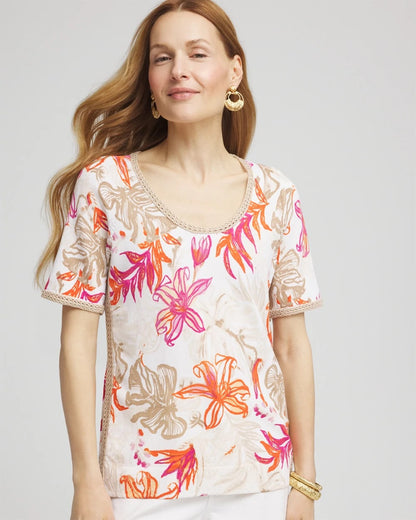 Chico's Floral Print Crochet-Trim Pullover Sweater Alabaster