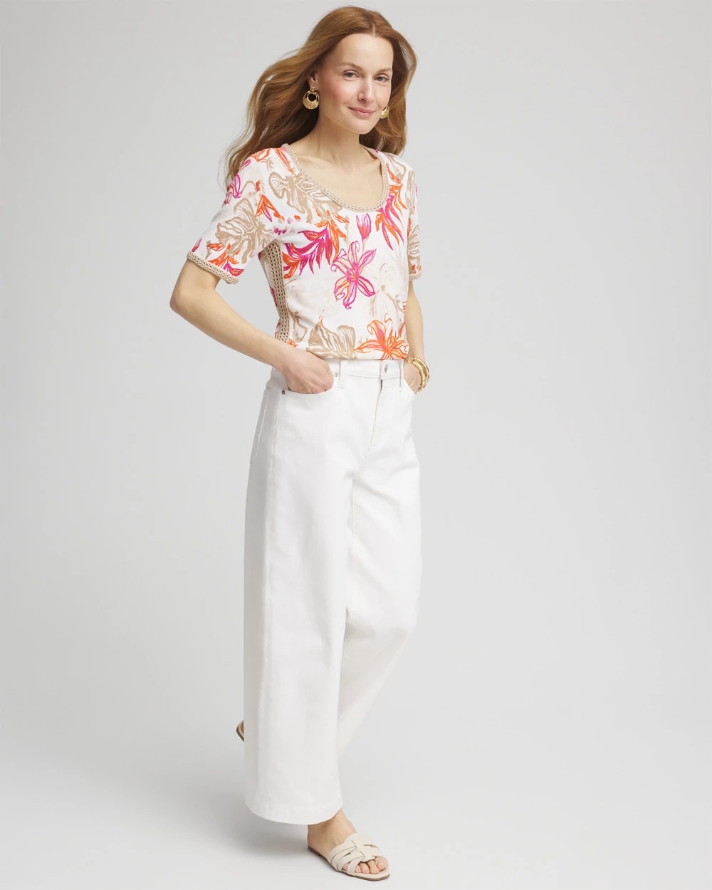 Chico's Floral Print Crochet-Trim Pullover Sweater Alabaster