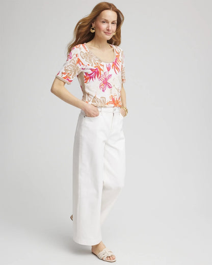 Chico's Floral Print Crochet-Trim Pullover Sweater Alabaster