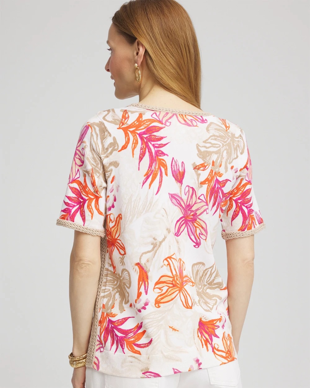 Chico's Floral Print Crochet-Trim Pullover Sweater Alabaster