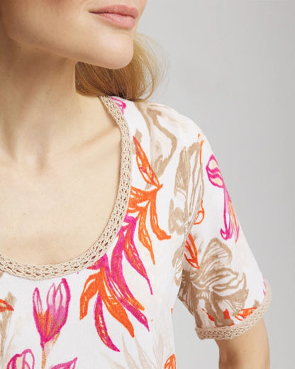 Chico's Floral Print Crochet-Trim Pullover Sweater Alabaster