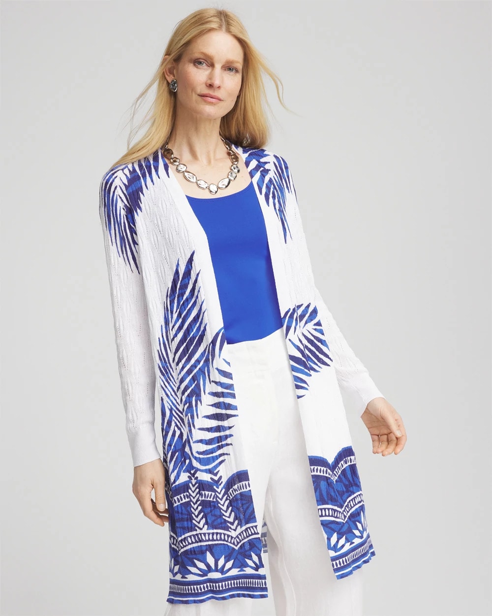 Chico's Island Motif Pointelle Long Cardigan Alabaster