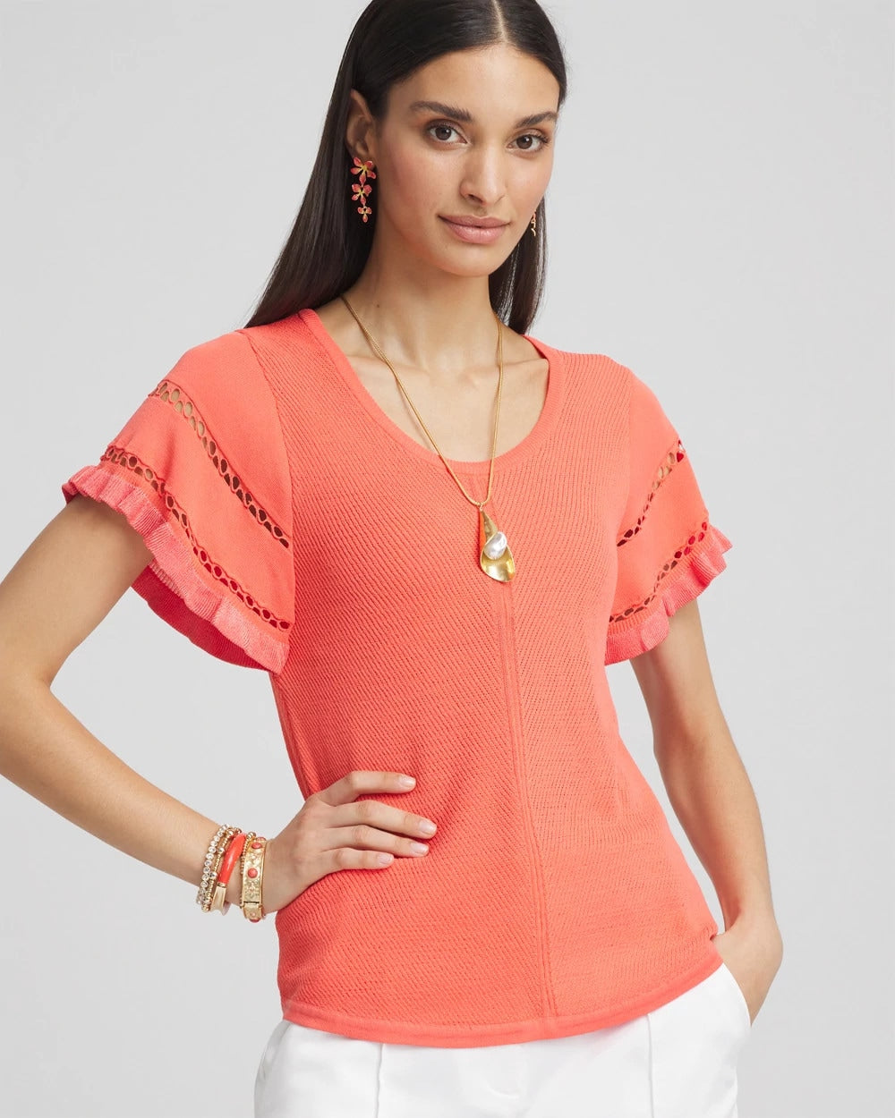 Chico's Cutout Short-Sleeved Pullover Sweater Melon Mambo