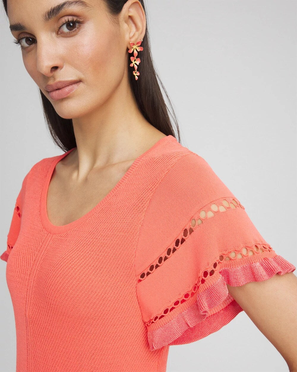 Chico's Cutout Short-Sleeved Pullover Sweater Melon Mambo