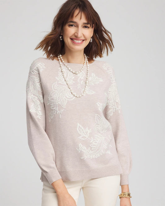 Chico's Embroidered Boatneck Sweater Helium