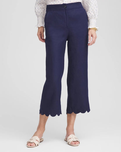 Chico's Linen Scallop Hem Crop Pants Passport Blue