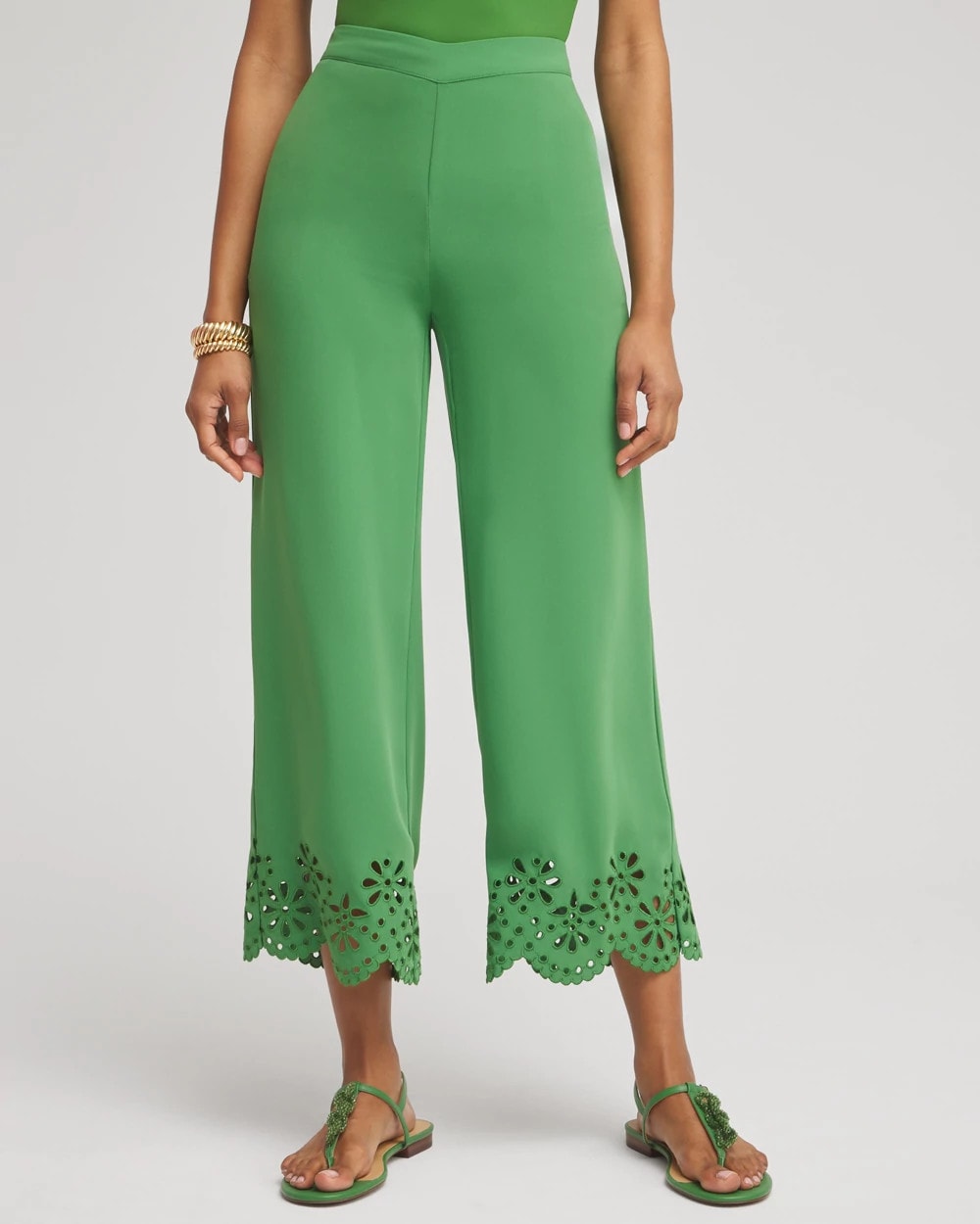 Chico's Petite Satin Eyelet Hem Culottes Verdant Green