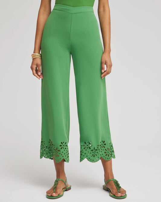 Chico's Petite Satin Eyelet Hem Culottes Verdant Green