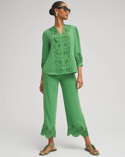Chico's Petite Satin Eyelet Hem Culottes Verdant Green