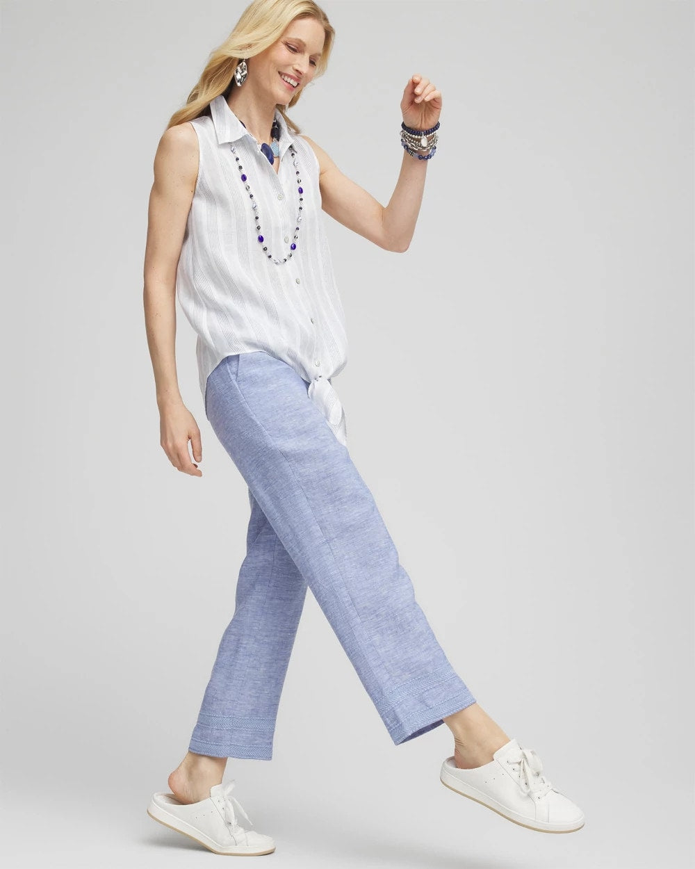 Chico's Linen Pull On Waist Cropped Pants Blue