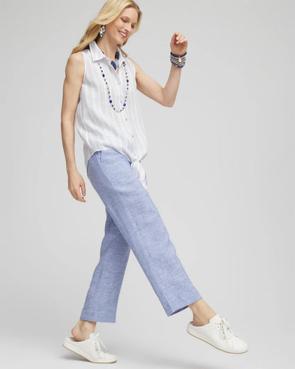 Chico's Linen Pull On Waist Cropped Pants Blue