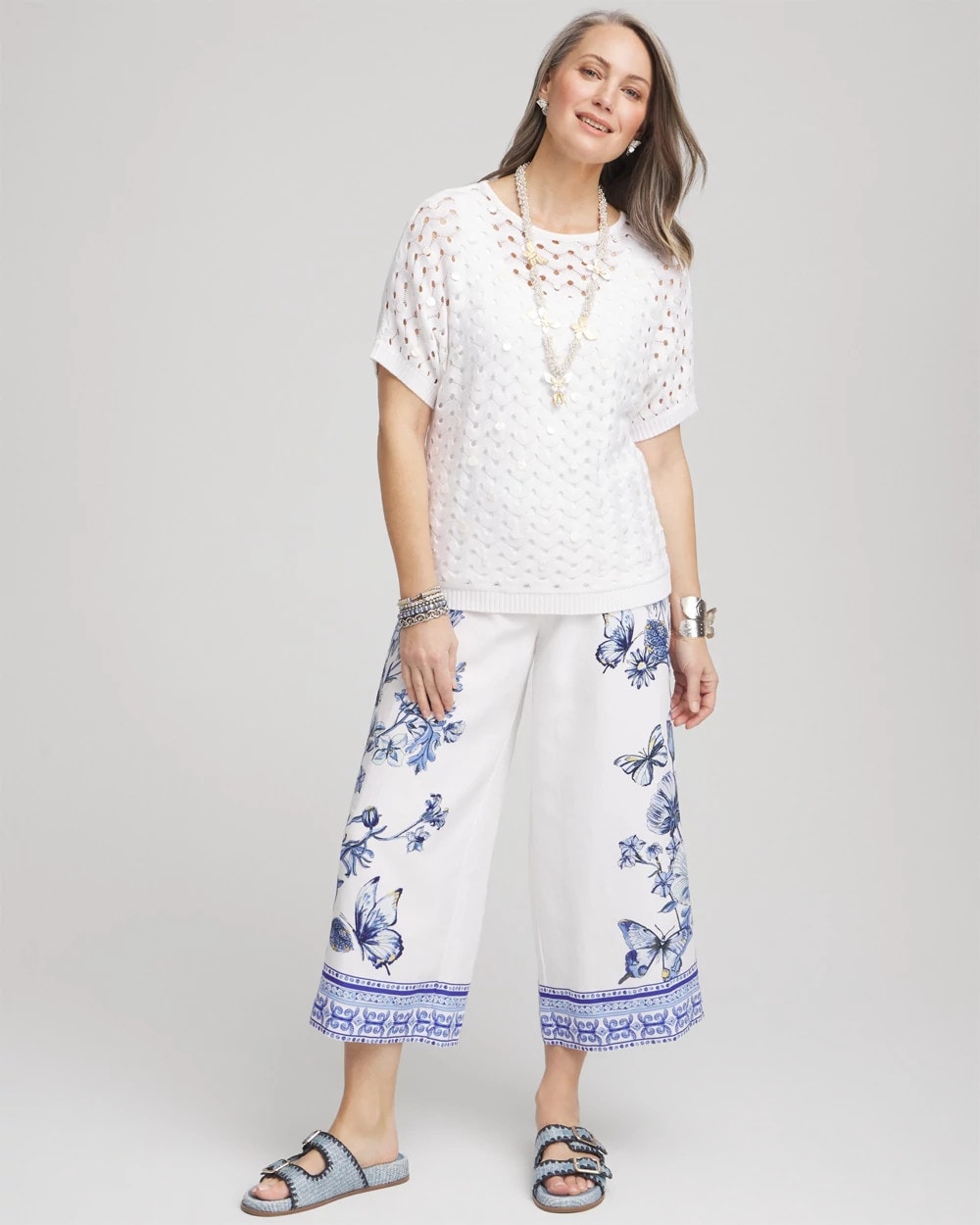 Chico's Butterfly Pull-On Linen Cropped Pants Alabaster