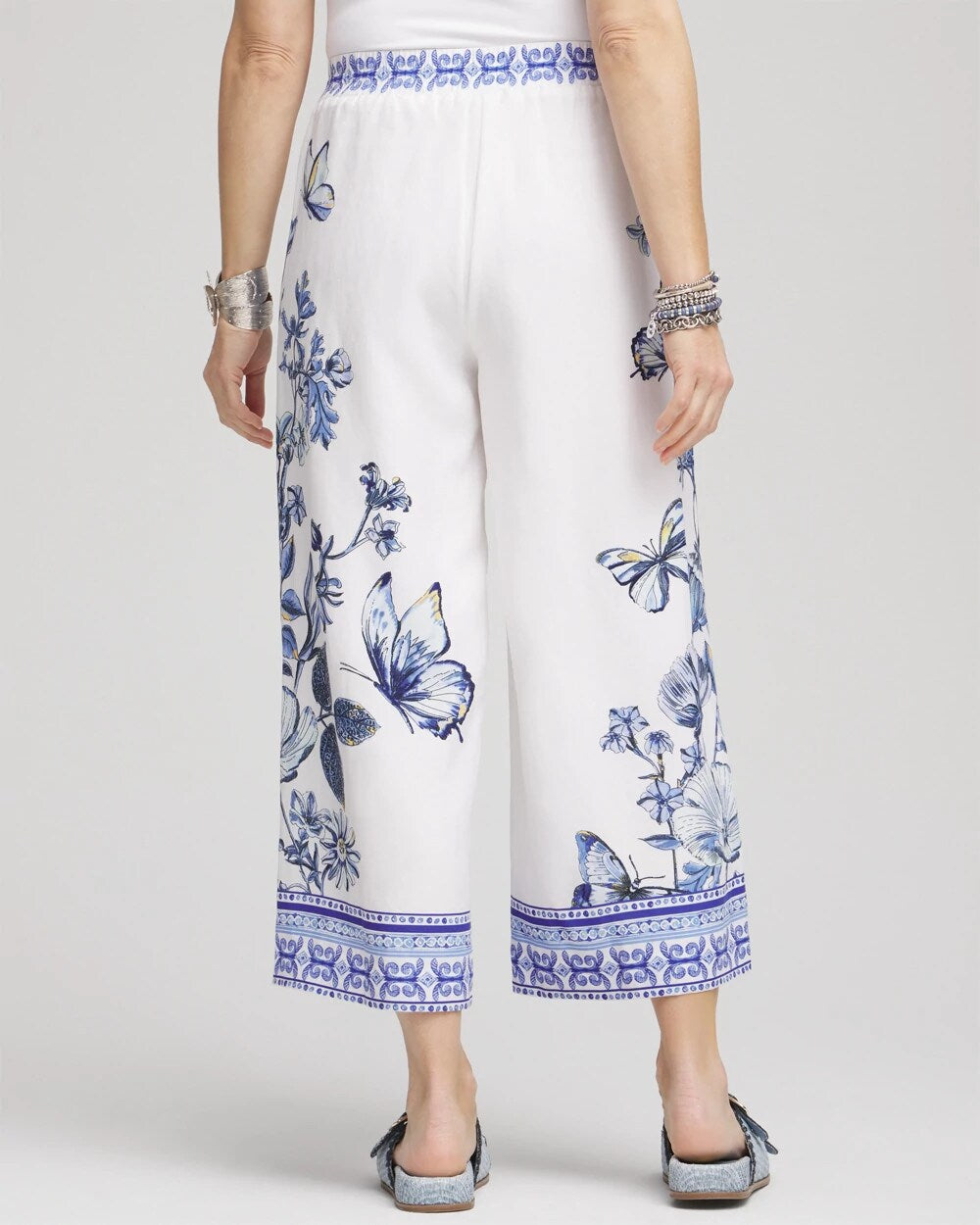 Chico's Butterfly Pull-On Linen Cropped Pants Alabaster