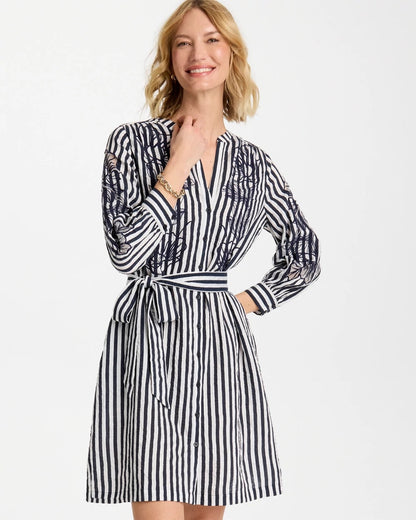 Chico's Embroidered Striped Dress Navy