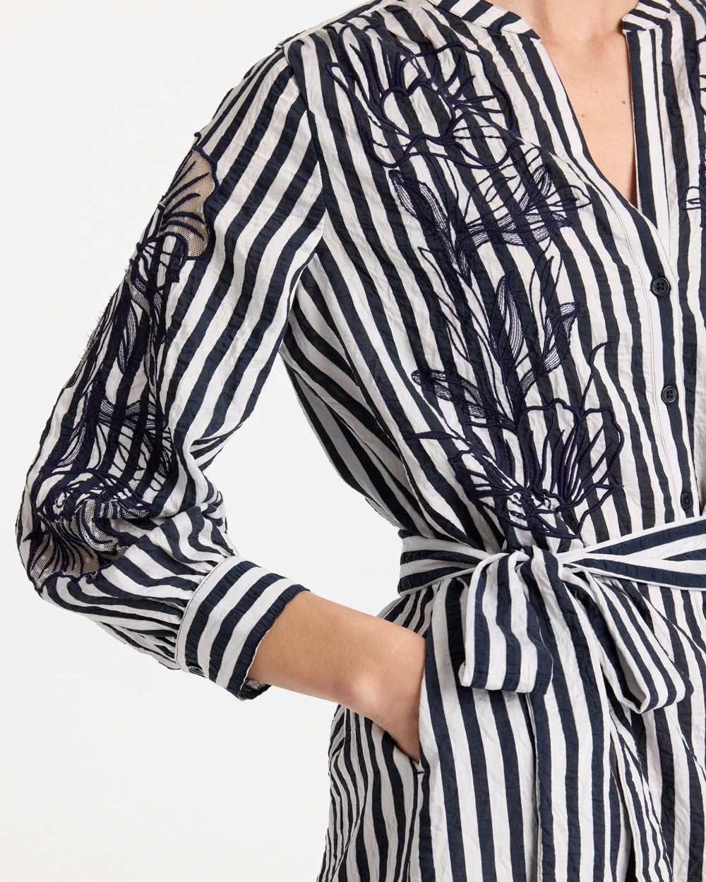 Chico's Embroidered Striped Dress Navy