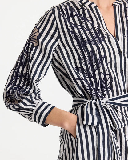 Chico's Embroidered Striped Dress Navy