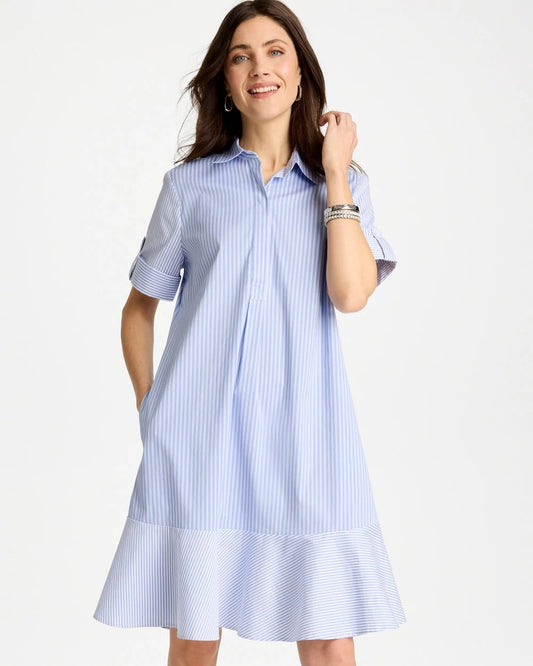 Chico's Popover Striped Tiered Poplin Dress Blue Orchid