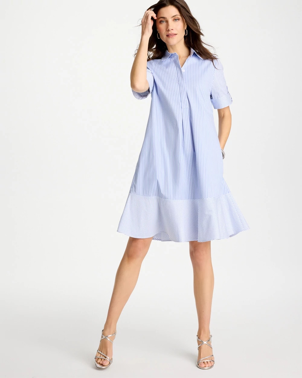 Chico's Popover Striped Tiered Poplin Dress Blue Orchid