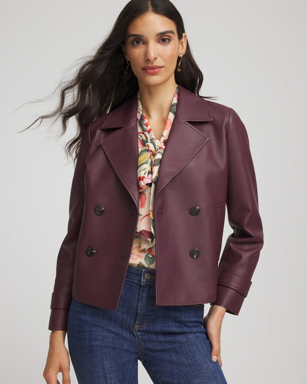 Chico's Faux Leather Trench Coat Blackened Burgundy