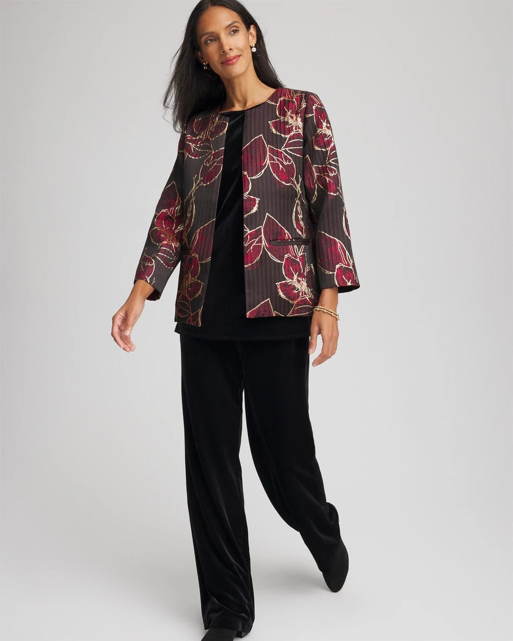 Chico's Travelers™ Collection Jacquard Foiled Floral Jacket Red