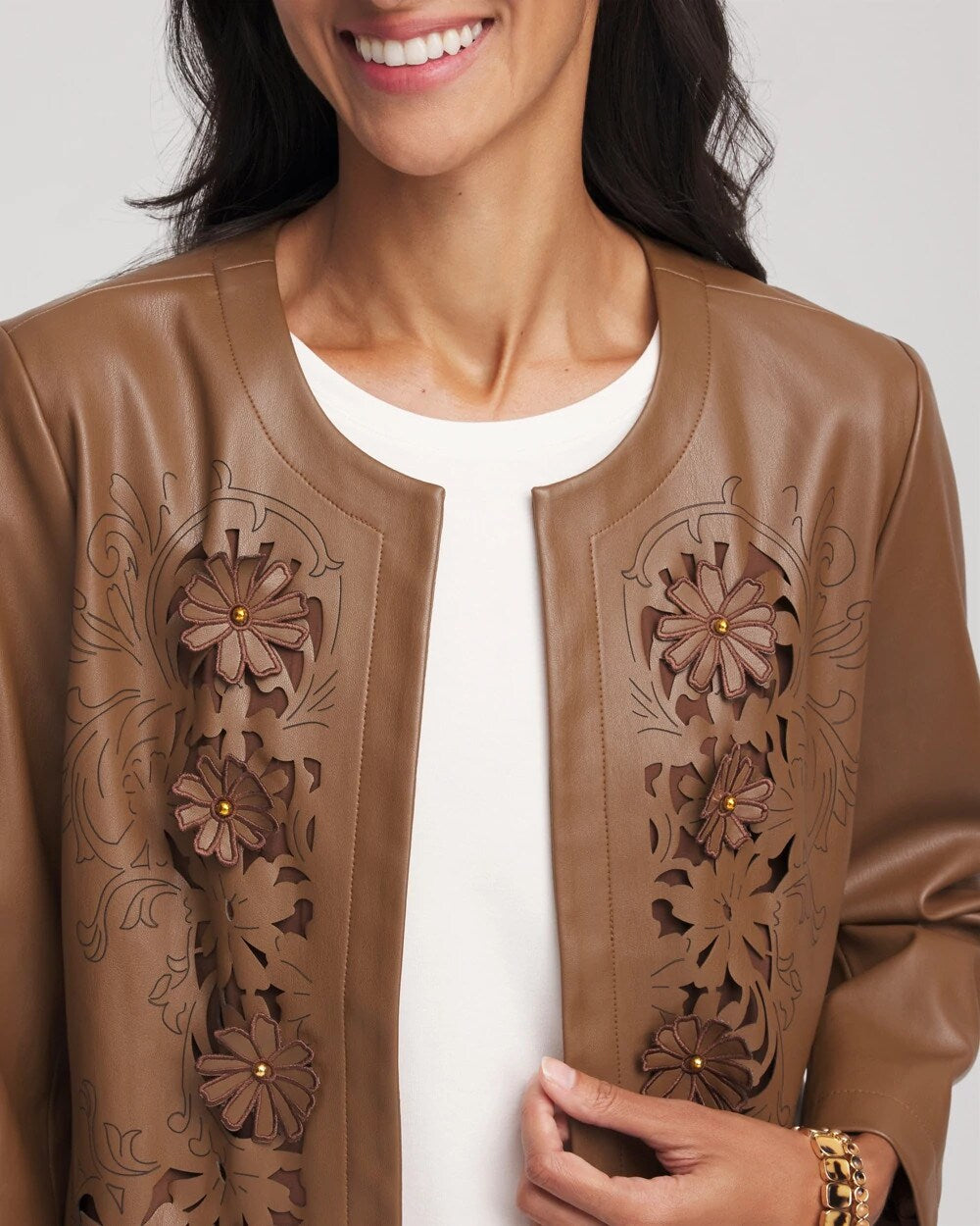 Chico's Floral Cutwork Faux Leather Jacket Chocolate Truffle