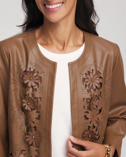 Chico's Floral Cutwork Faux Leather Jacket Chocolate Truffle