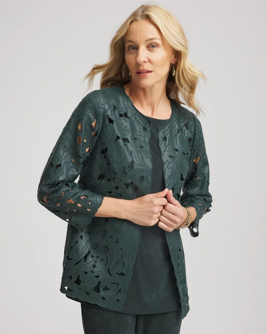 Chico's Travelers™ Collection Faux Leather Floral Jacket Darkest Spruce