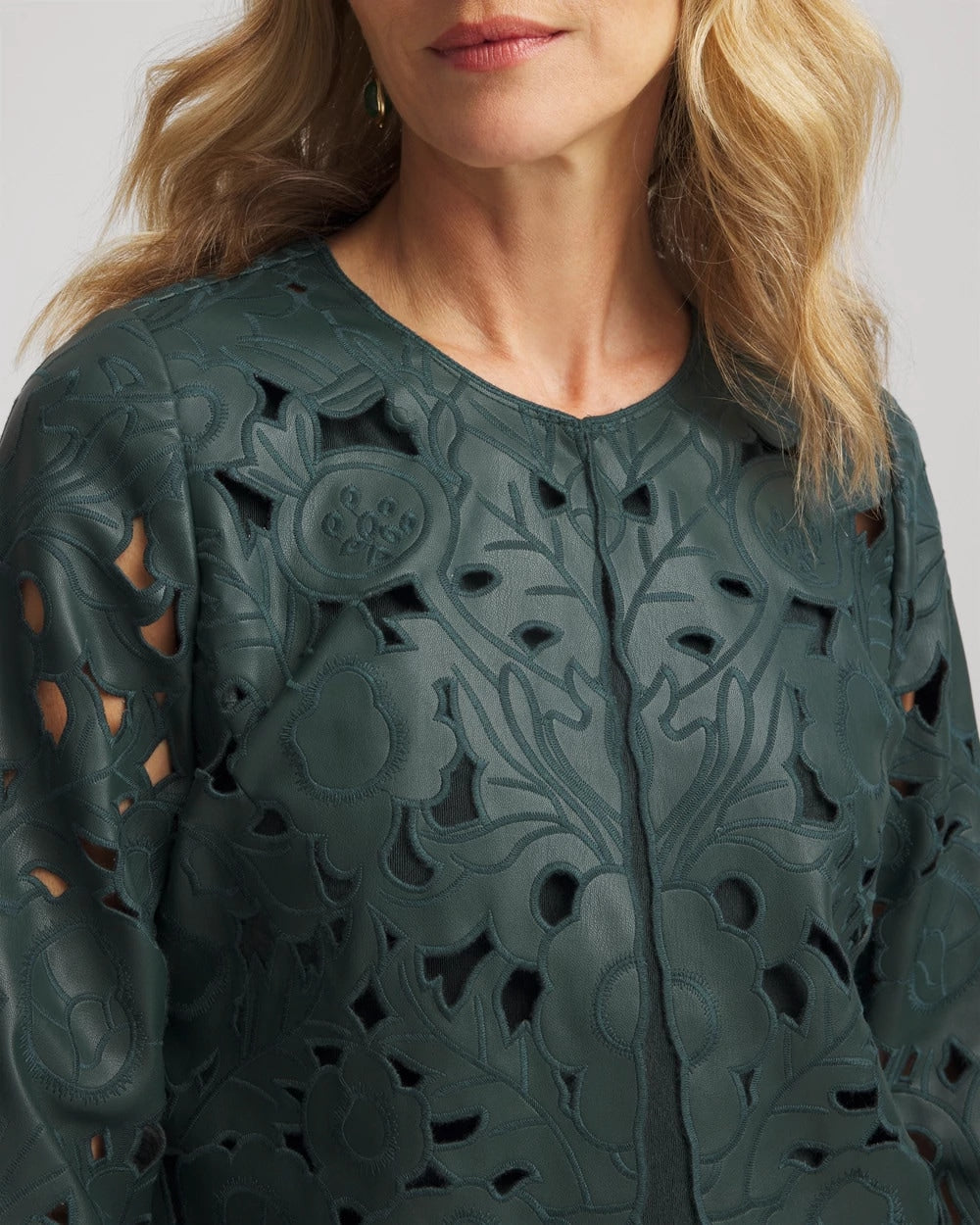 Chico's Travelers™ Collection Faux Leather Floral Jacket Darkest Spruce