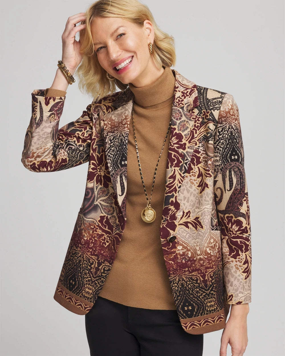 Chico's Artisanal Print Ponte Blazer Graphite Gray