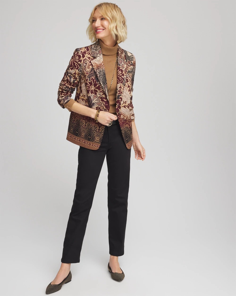 Chico's Artisanal Print Ponte Blazer Graphite Gray