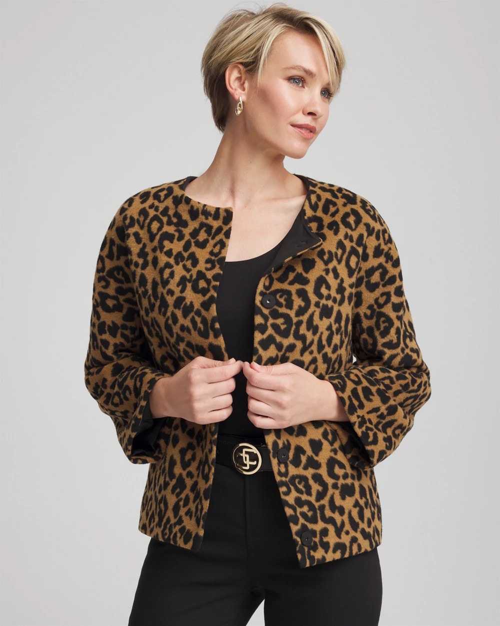 Chico's Fuzzy Collarless Animal Print Jacket Camel